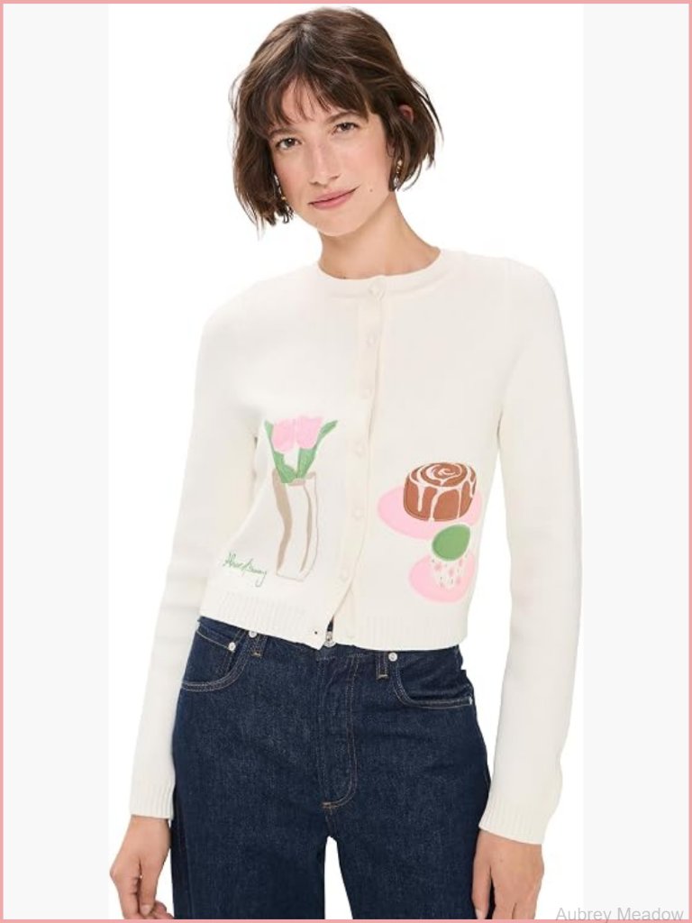 Vintage Floral Embroidered Knit Cardigan Crew Neck Midi
